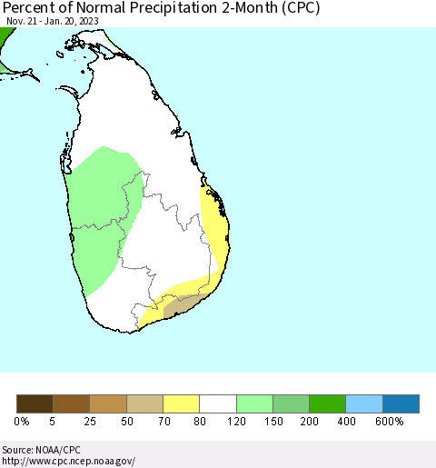 Sri Lanka Percent of Normal Precipitation 2-Month (CPC) Thematic Map For 11/21/2022 - 1/20/2023