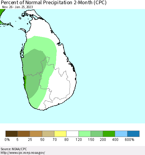 Sri Lanka Percent of Normal Precipitation 2-Month (CPC) Thematic Map For 11/26/2022 - 1/25/2023