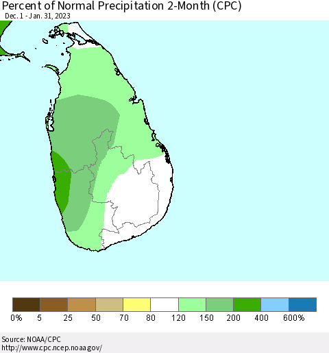 Sri Lanka Percent of Normal Precipitation 2-Month (CPC) Thematic Map For 12/1/2022 - 1/31/2023