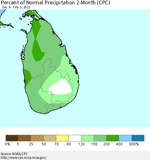 Sri Lanka Percent of Normal Precipitation 2-Month (CPC) Thematic Map For 12/6/2022 - 2/5/2023