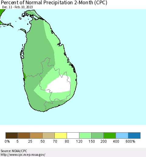 Sri Lanka Percent of Normal Precipitation 2-Month (CPC) Thematic Map For 12/11/2022 - 2/10/2023