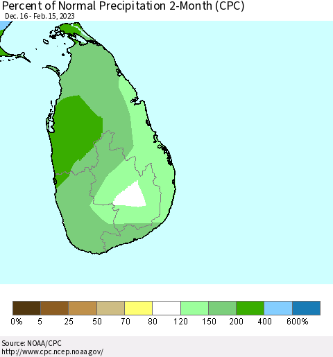 Sri Lanka Percent of Normal Precipitation 2-Month (CPC) Thematic Map For 12/16/2022 - 2/15/2023