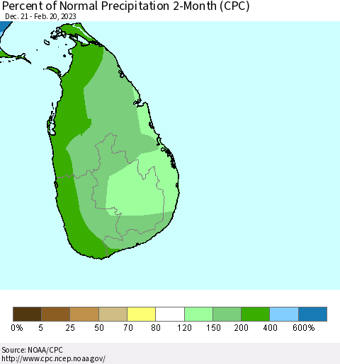 Sri Lanka Percent of Normal Precipitation 2-Month (CPC) Thematic Map For 12/21/2022 - 2/20/2023