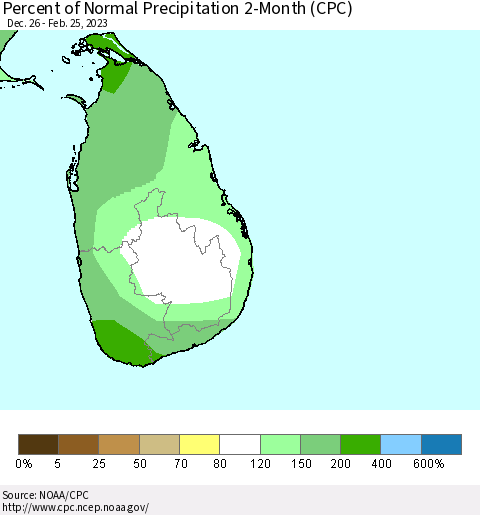 Sri Lanka Percent of Normal Precipitation 2-Month (CPC) Thematic Map For 12/26/2022 - 2/25/2023