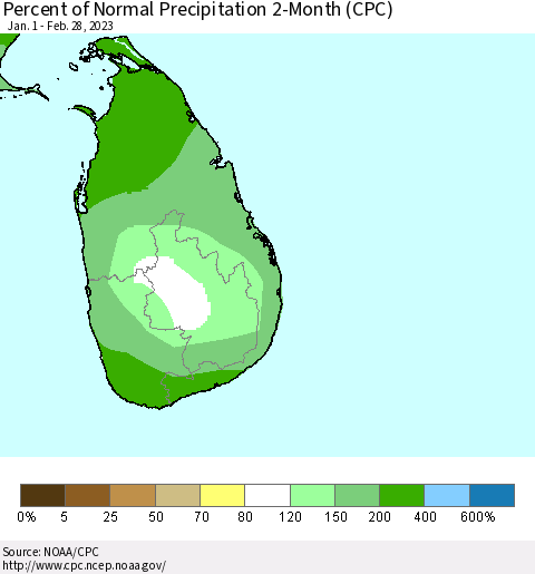 Sri Lanka Percent of Normal Precipitation 2-Month (CPC) Thematic Map For 1/1/2023 - 2/28/2023