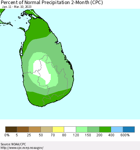 Sri Lanka Percent of Normal Precipitation 2-Month (CPC) Thematic Map For 1/11/2023 - 3/10/2023