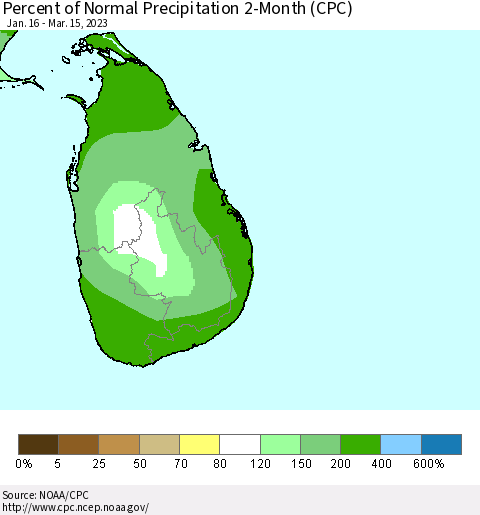 Sri Lanka Percent of Normal Precipitation 2-Month (CPC) Thematic Map For 1/16/2023 - 3/15/2023