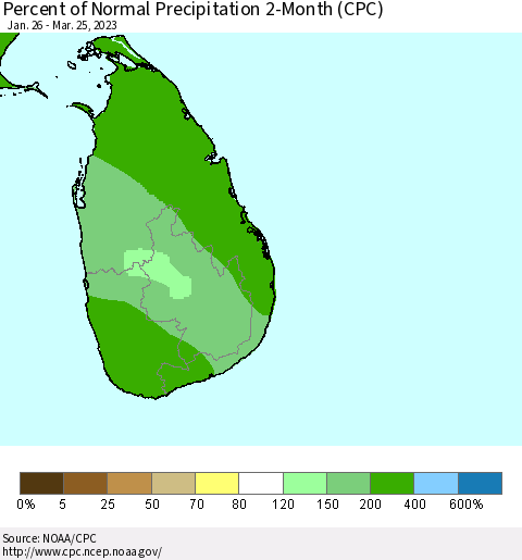 Sri Lanka Percent of Normal Precipitation 2-Month (CPC) Thematic Map For 1/26/2023 - 3/25/2023