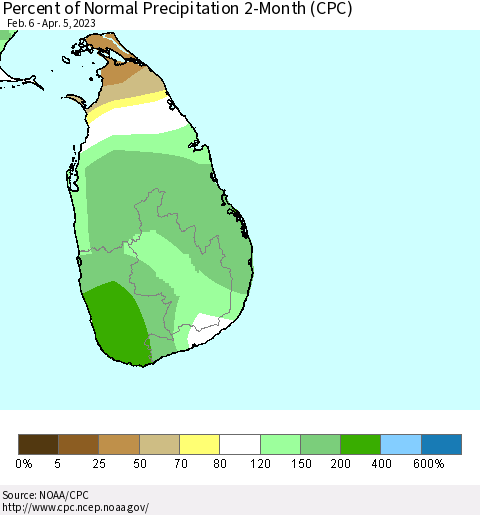 Sri Lanka Percent of Normal Precipitation 2-Month (CPC) Thematic Map For 2/6/2023 - 4/5/2023