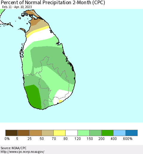 Sri Lanka Percent of Normal Precipitation 2-Month (CPC) Thematic Map For 2/11/2023 - 4/10/2023