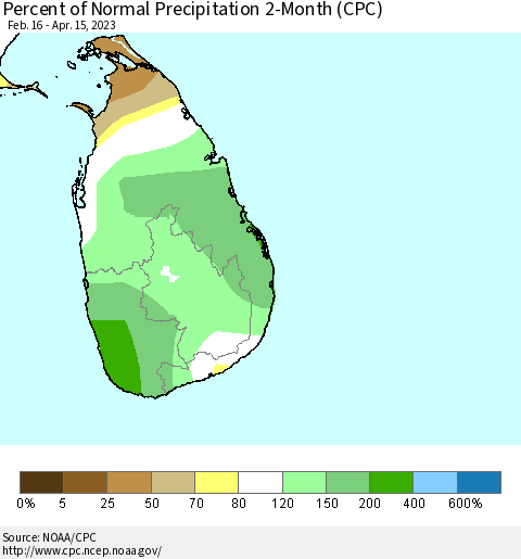 Sri Lanka Percent of Normal Precipitation 2-Month (CPC) Thematic Map For 2/16/2023 - 4/15/2023