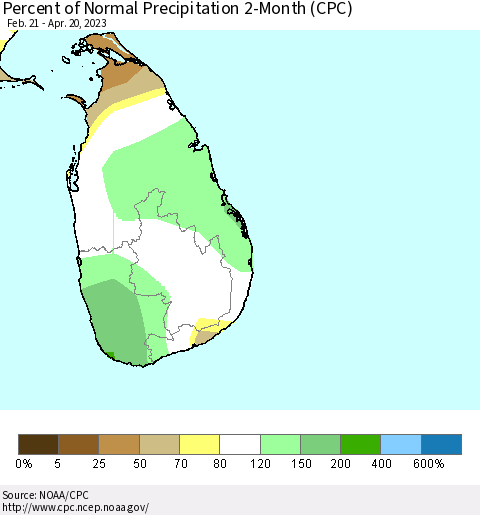 Sri Lanka Percent of Normal Precipitation 2-Month (CPC) Thematic Map For 2/21/2023 - 4/20/2023