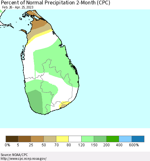 Sri Lanka Percent of Normal Precipitation 2-Month (CPC) Thematic Map For 2/26/2023 - 4/25/2023