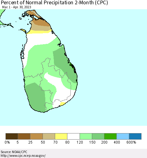 Sri Lanka Percent of Normal Precipitation 2-Month (CPC) Thematic Map For 3/1/2023 - 4/30/2023