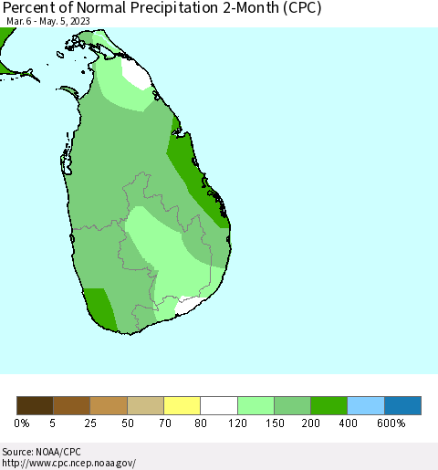 Sri Lanka Percent of Normal Precipitation 2-Month (CPC) Thematic Map For 3/6/2023 - 5/5/2023
