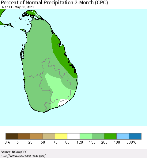 Sri Lanka Percent of Normal Precipitation 2-Month (CPC) Thematic Map For 3/11/2023 - 5/10/2023