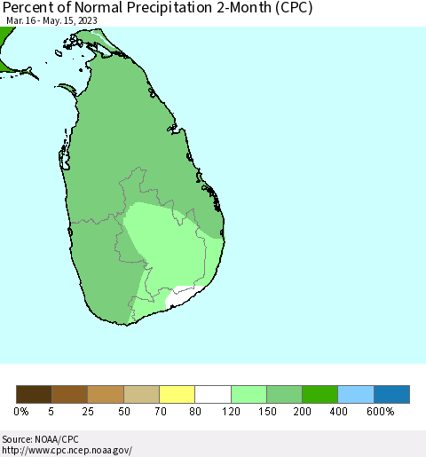 Sri Lanka Percent of Normal Precipitation 2-Month (CPC) Thematic Map For 3/16/2023 - 5/15/2023