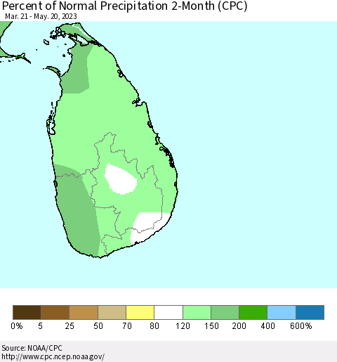 Sri Lanka Percent of Normal Precipitation 2-Month (CPC) Thematic Map For 3/21/2023 - 5/20/2023
