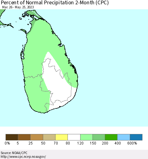 Sri Lanka Percent of Normal Precipitation 2-Month (CPC) Thematic Map For 3/26/2023 - 5/25/2023
