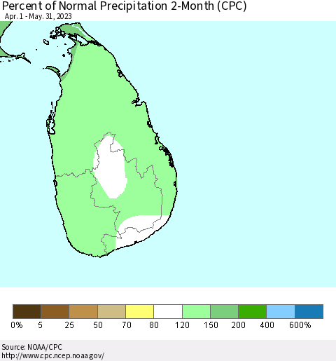 Sri Lanka Percent of Normal Precipitation 2-Month (CPC) Thematic Map For 4/1/2023 - 5/31/2023