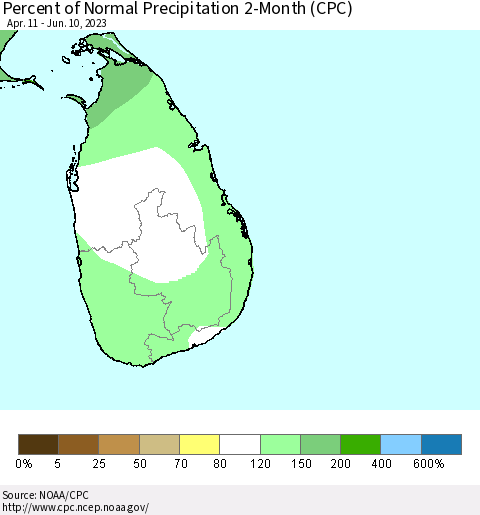 Sri Lanka Percent of Normal Precipitation 2-Month (CPC) Thematic Map For 4/11/2023 - 6/10/2023
