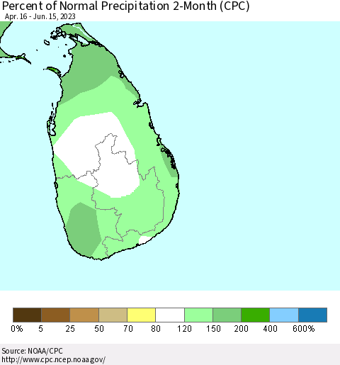 Sri Lanka Percent of Normal Precipitation 2-Month (CPC) Thematic Map For 4/16/2023 - 6/15/2023