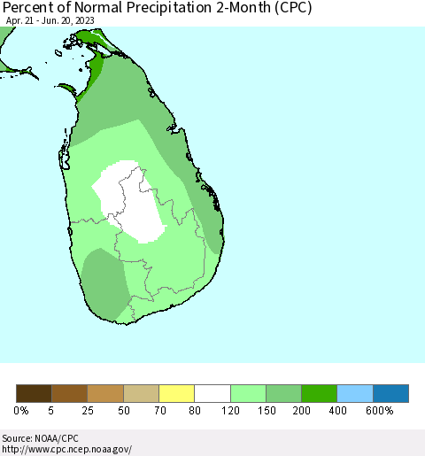 Sri Lanka Percent of Normal Precipitation 2-Month (CPC) Thematic Map For 4/21/2023 - 6/20/2023
