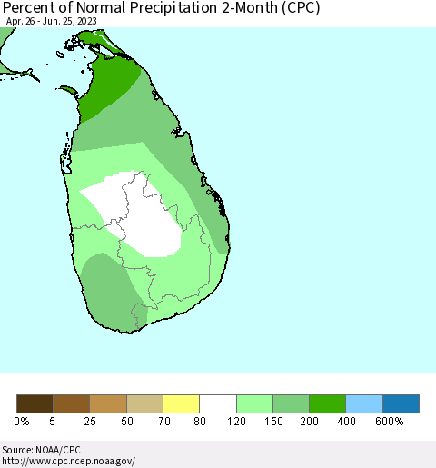 Sri Lanka Percent of Normal Precipitation 2-Month (CPC) Thematic Map For 4/26/2023 - 6/25/2023