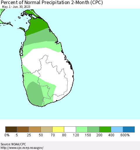 Sri Lanka Percent of Normal Precipitation 2-Month (CPC) Thematic Map For 5/1/2023 - 6/30/2023