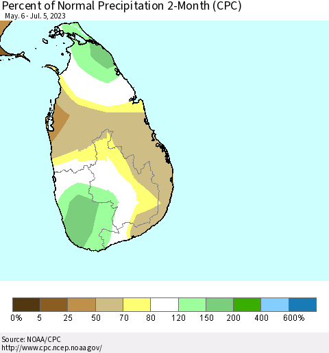 Sri Lanka Percent of Normal Precipitation 2-Month (CPC) Thematic Map For 5/6/2023 - 7/5/2023