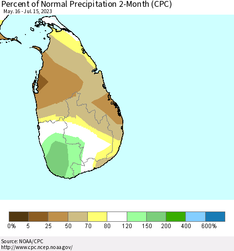 Sri Lanka Percent of Normal Precipitation 2-Month (CPC) Thematic Map For 5/16/2023 - 7/15/2023