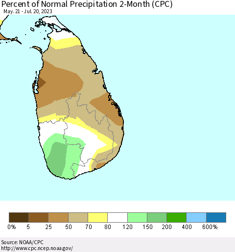 Sri Lanka Percent of Normal Precipitation 2-Month (CPC) Thematic Map For 5/21/2023 - 7/20/2023