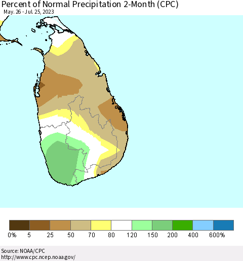 Sri Lanka Percent of Normal Precipitation 2-Month (CPC) Thematic Map For 5/26/2023 - 7/25/2023