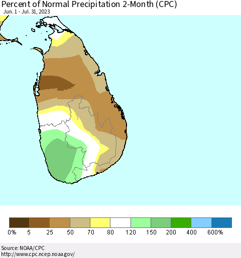 Sri Lanka Percent of Normal Precipitation 2-Month (CPC) Thematic Map For 6/1/2023 - 7/31/2023