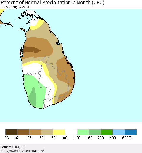 Sri Lanka Percent of Normal Precipitation 2-Month (CPC) Thematic Map For 6/6/2023 - 8/5/2023