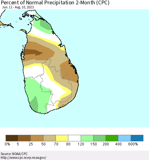 Sri Lanka Percent of Normal Precipitation 2-Month (CPC) Thematic Map For 6/11/2023 - 8/10/2023