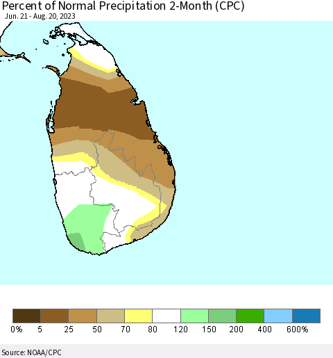 Sri Lanka Percent of Normal Precipitation 2-Month (CPC) Thematic Map For 6/21/2023 - 8/20/2023