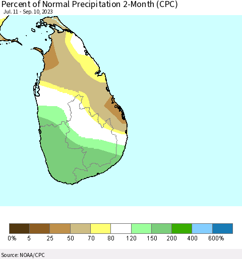 Sri Lanka Percent of Normal Precipitation 2-Month (CPC) Thematic Map For 7/11/2023 - 9/10/2023