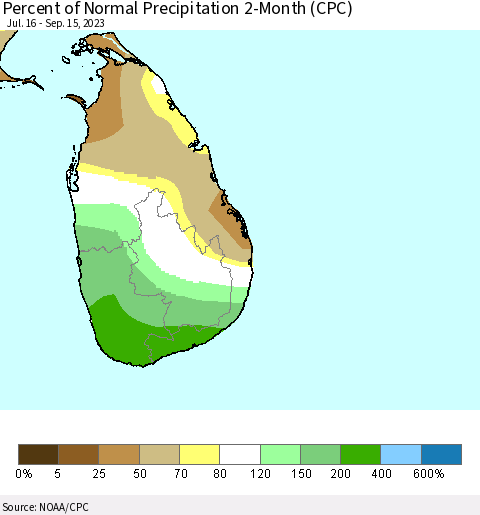 Sri Lanka Percent of Normal Precipitation 2-Month (CPC) Thematic Map For 7/16/2023 - 9/15/2023