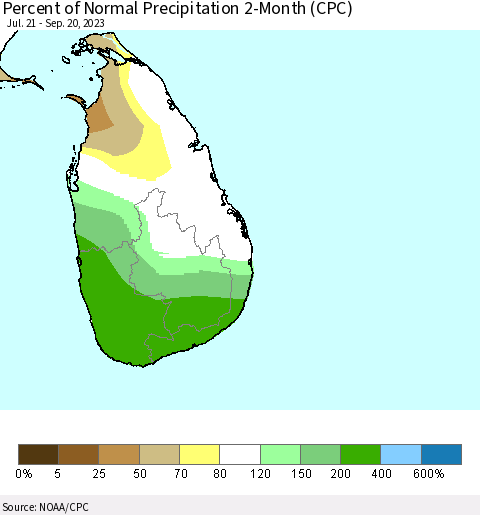 Sri Lanka Percent of Normal Precipitation 2-Month (CPC) Thematic Map For 7/21/2023 - 9/20/2023