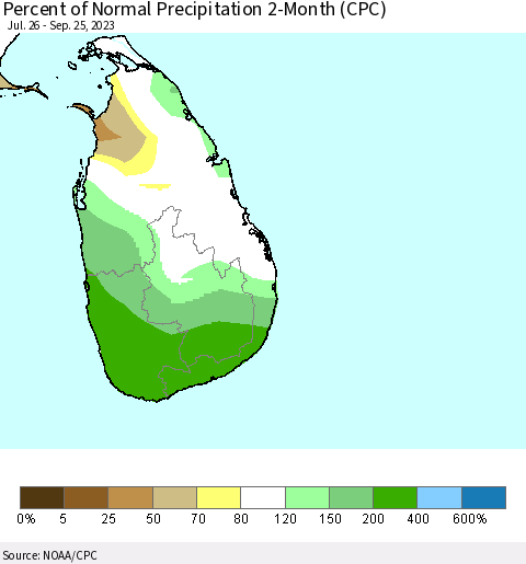 Sri Lanka Percent of Normal Precipitation 2-Month (CPC) Thematic Map For 7/26/2023 - 9/25/2023