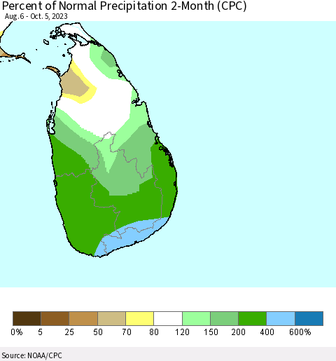 Sri Lanka Percent of Normal Precipitation 2-Month (CPC) Thematic Map For 8/6/2023 - 10/5/2023