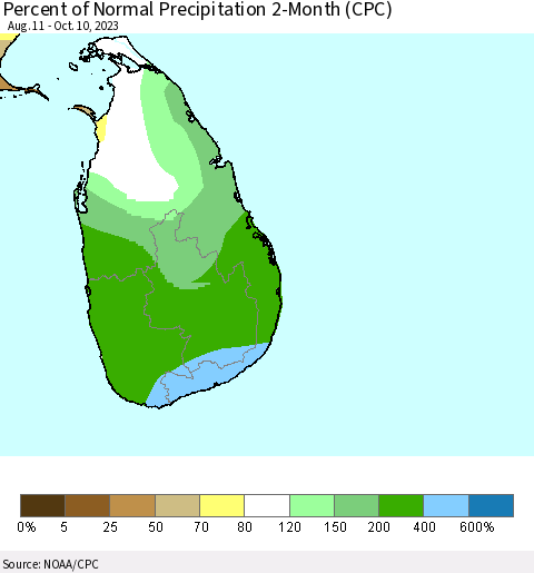 Sri Lanka Percent of Normal Precipitation 2-Month (CPC) Thematic Map For 8/11/2023 - 10/10/2023