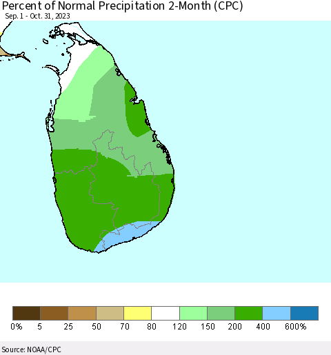Sri Lanka Percent of Normal Precipitation 2-Month (CPC) Thematic Map For 9/1/2023 - 10/31/2023