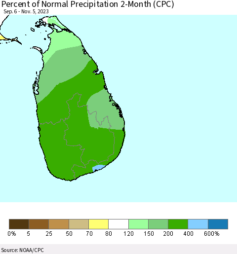 Sri Lanka Percent of Normal Precipitation 2-Month (CPC) Thematic Map For 9/6/2023 - 11/5/2023