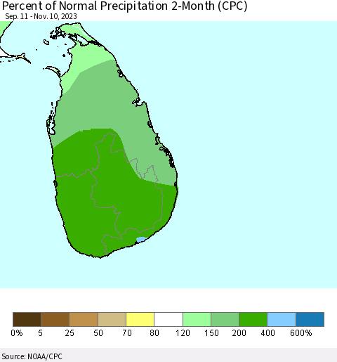 Sri Lanka Percent of Normal Precipitation 2-Month (CPC) Thematic Map For 9/11/2023 - 11/10/2023