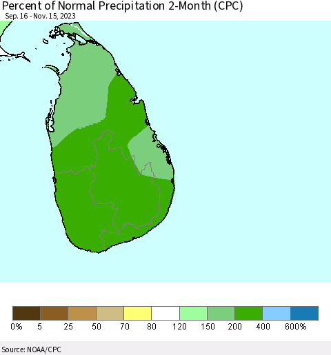 Sri Lanka Percent of Normal Precipitation 2-Month (CPC) Thematic Map For 9/16/2023 - 11/15/2023