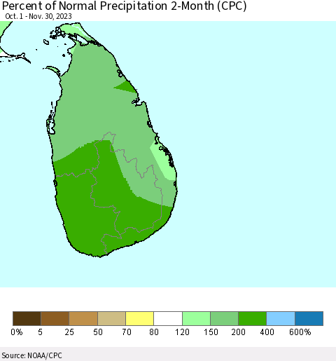 Sri Lanka Percent of Normal Precipitation 2-Month (CPC) Thematic Map For 10/1/2023 - 11/30/2023