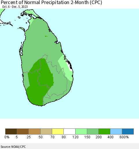 Sri Lanka Percent of Normal Precipitation 2-Month (CPC) Thematic Map For 10/6/2023 - 12/5/2023
