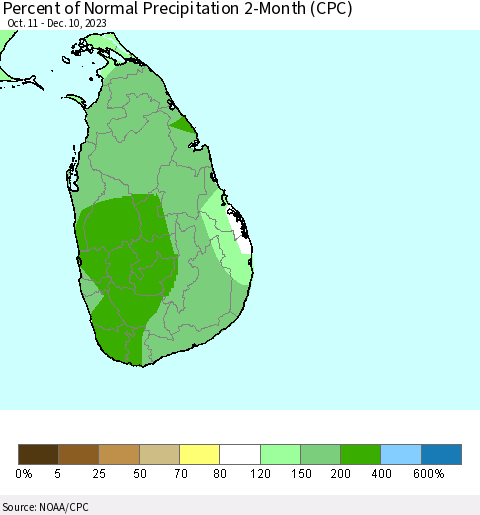 Sri Lanka Percent of Normal Precipitation 2-Month (CPC) Thematic Map For 10/11/2023 - 12/10/2023